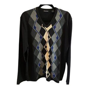 BRANDINI 100% COTTON ARGYLE PULLOVER SWEATER SIZE LARGE BLACK IVORY GREY BLUE